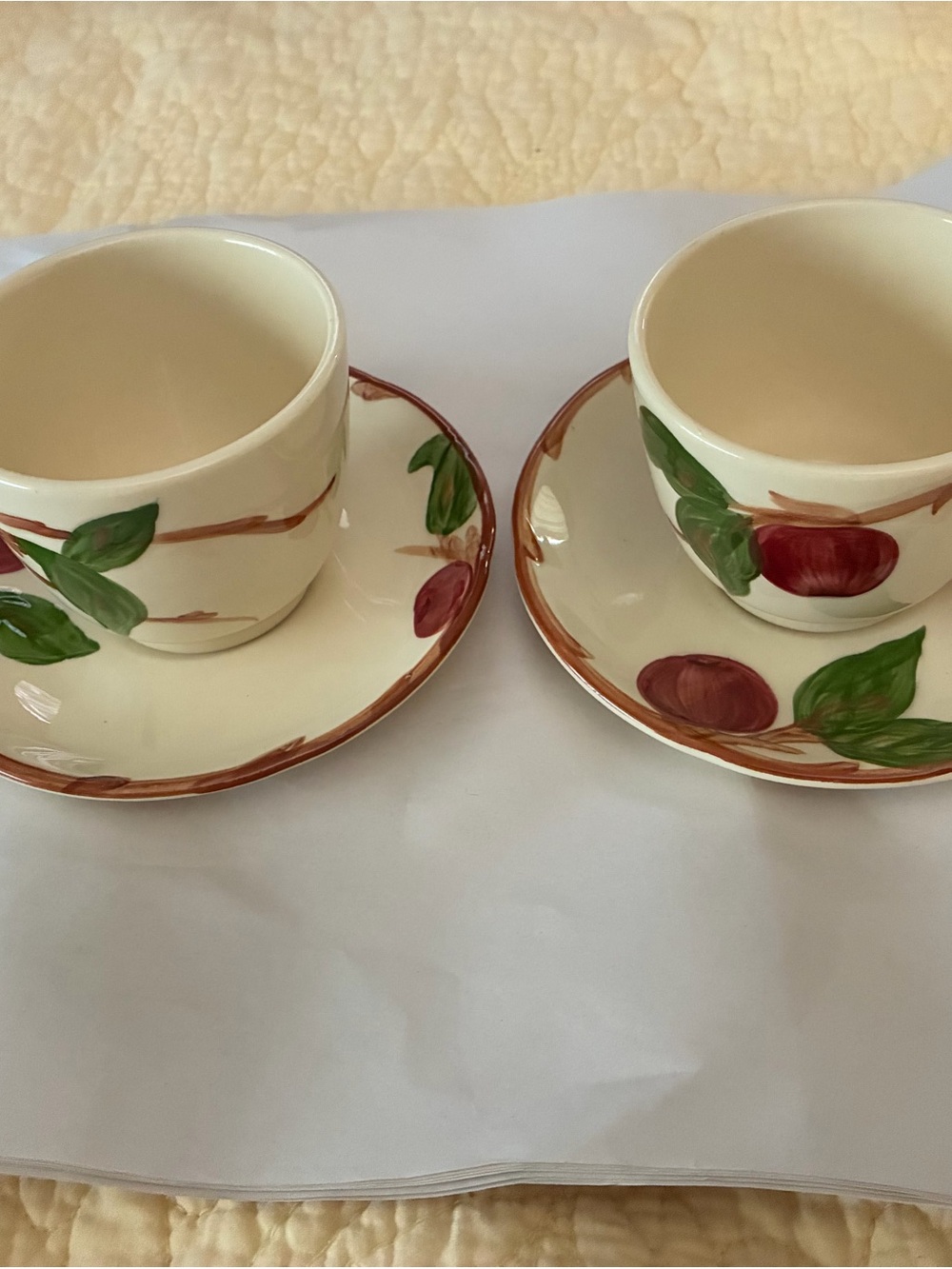Franciscan Cream Cups & Saucers with Hand-Painted Red Fruit and Green Leaves
